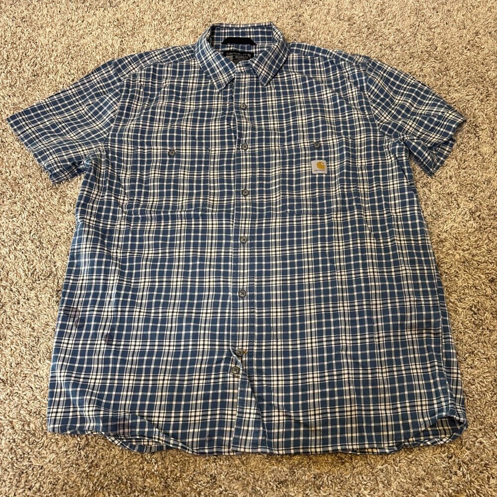 Carhartt Button Up  Shirt Mens Large Tall Blue Plaid Fit Workwear Short Sleeve